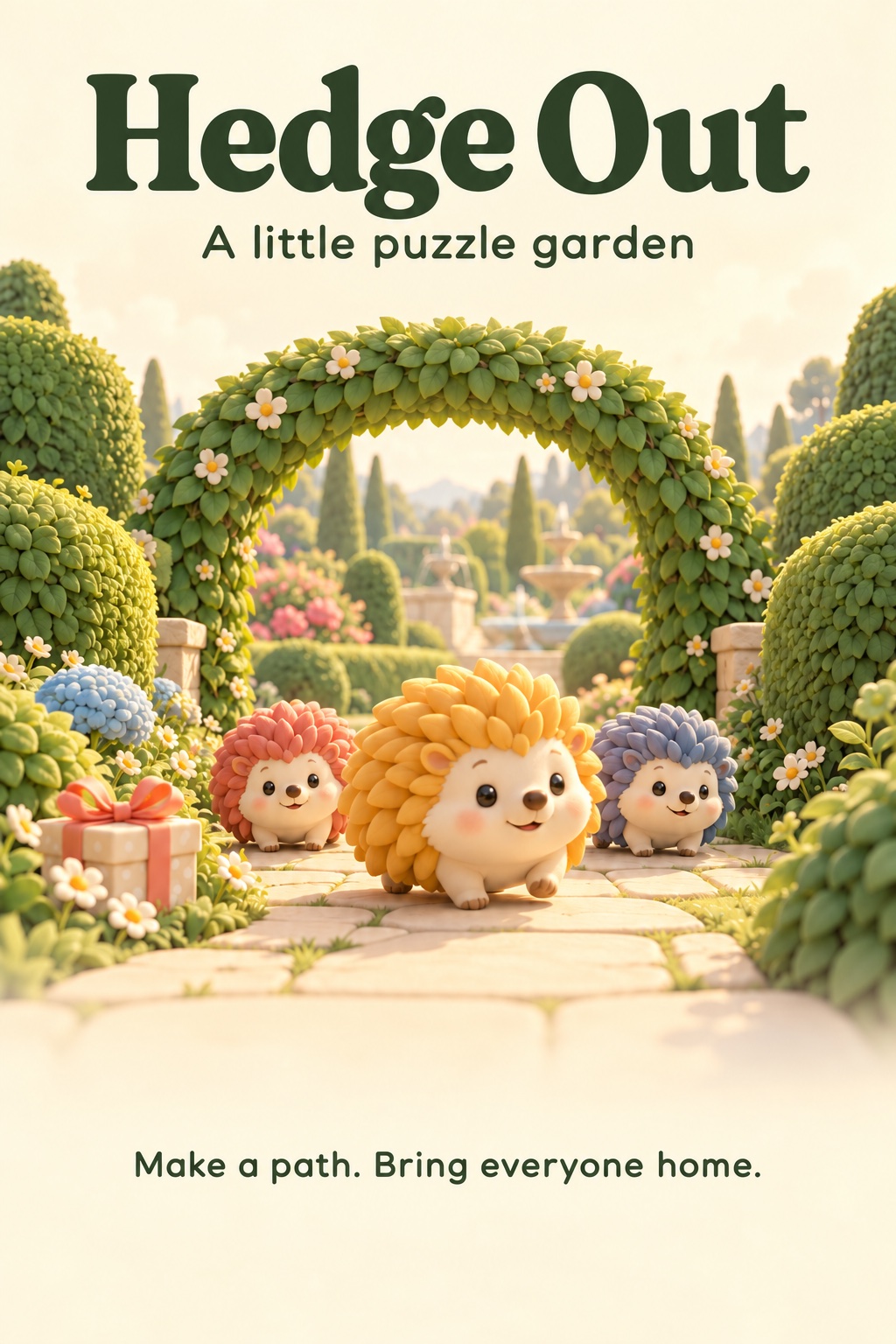 Colorful little hedgehogs in a flowering garden beneath the Hedge Out title.